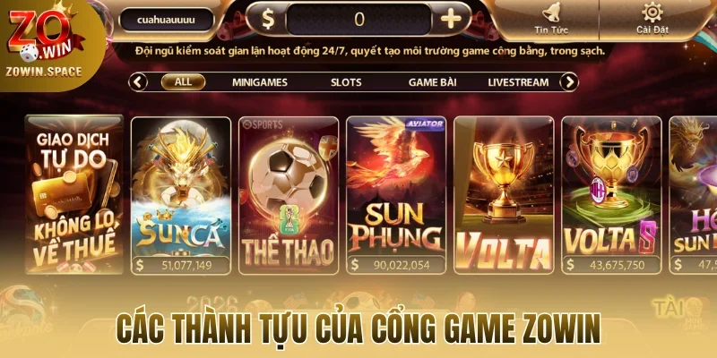 Các thành tựu của cổng game Zowin